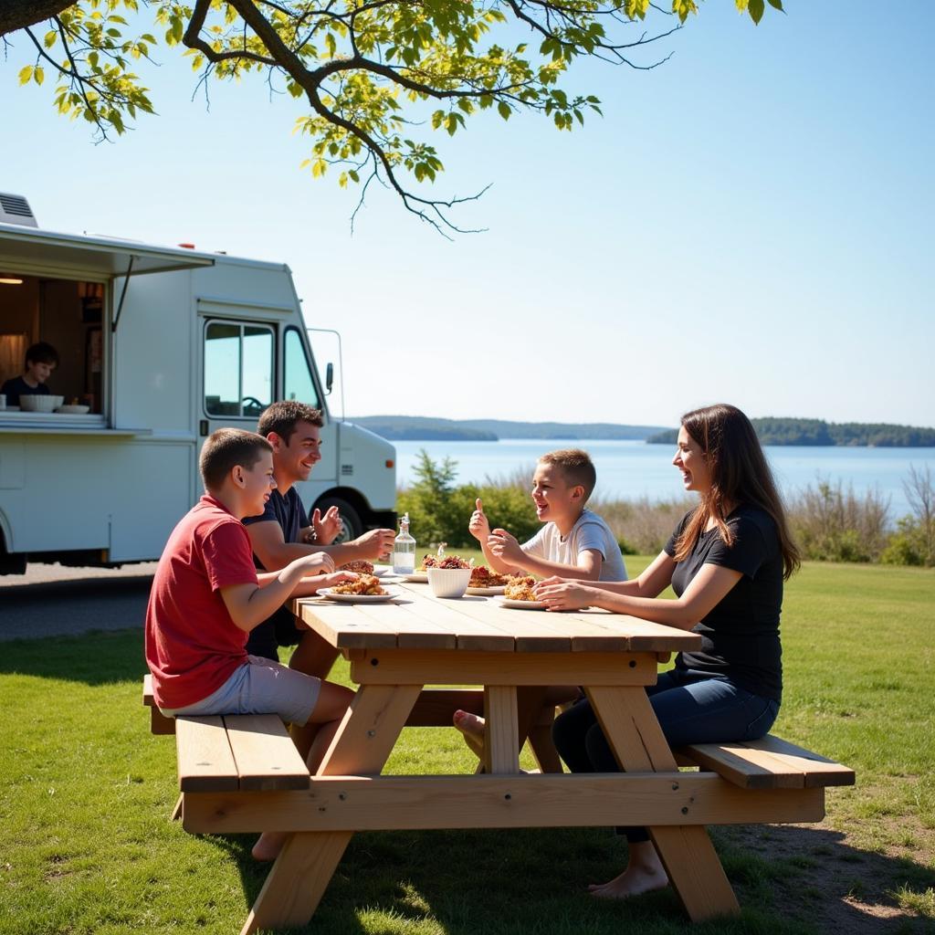 A family enjoying their meal from a food truck at Eastern Prom, with the Casco Bay in the background.