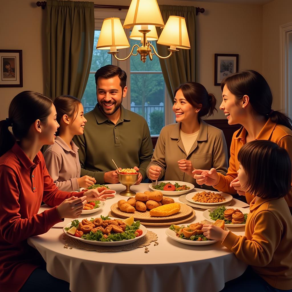 A family gathered around a table, laughing and enjoying a leap year meal together.