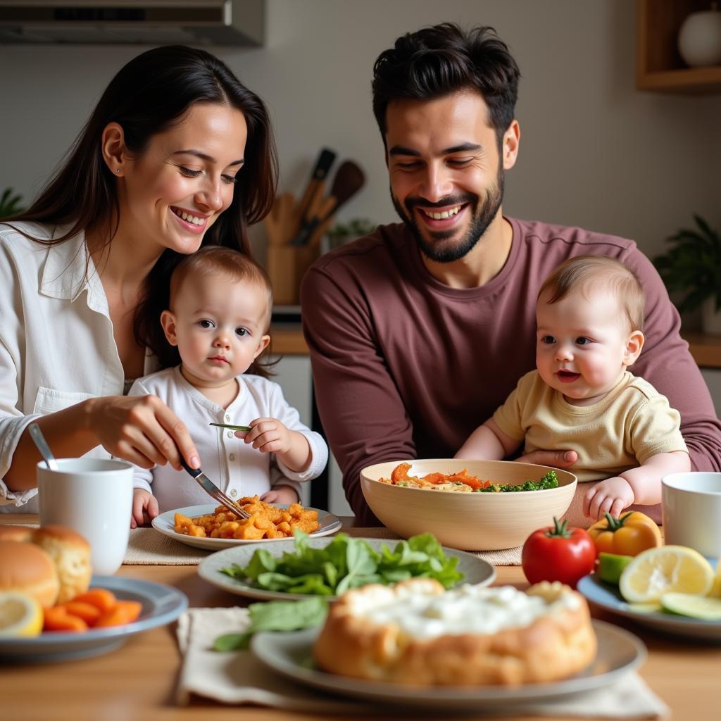 A family, including a new mom and baby, enjoying a meal delivered to their home