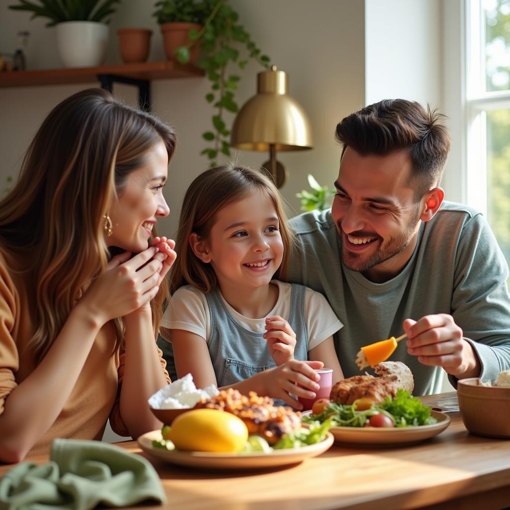 A happy family, including new parents and their baby, enjoying a meal together at their dining table.