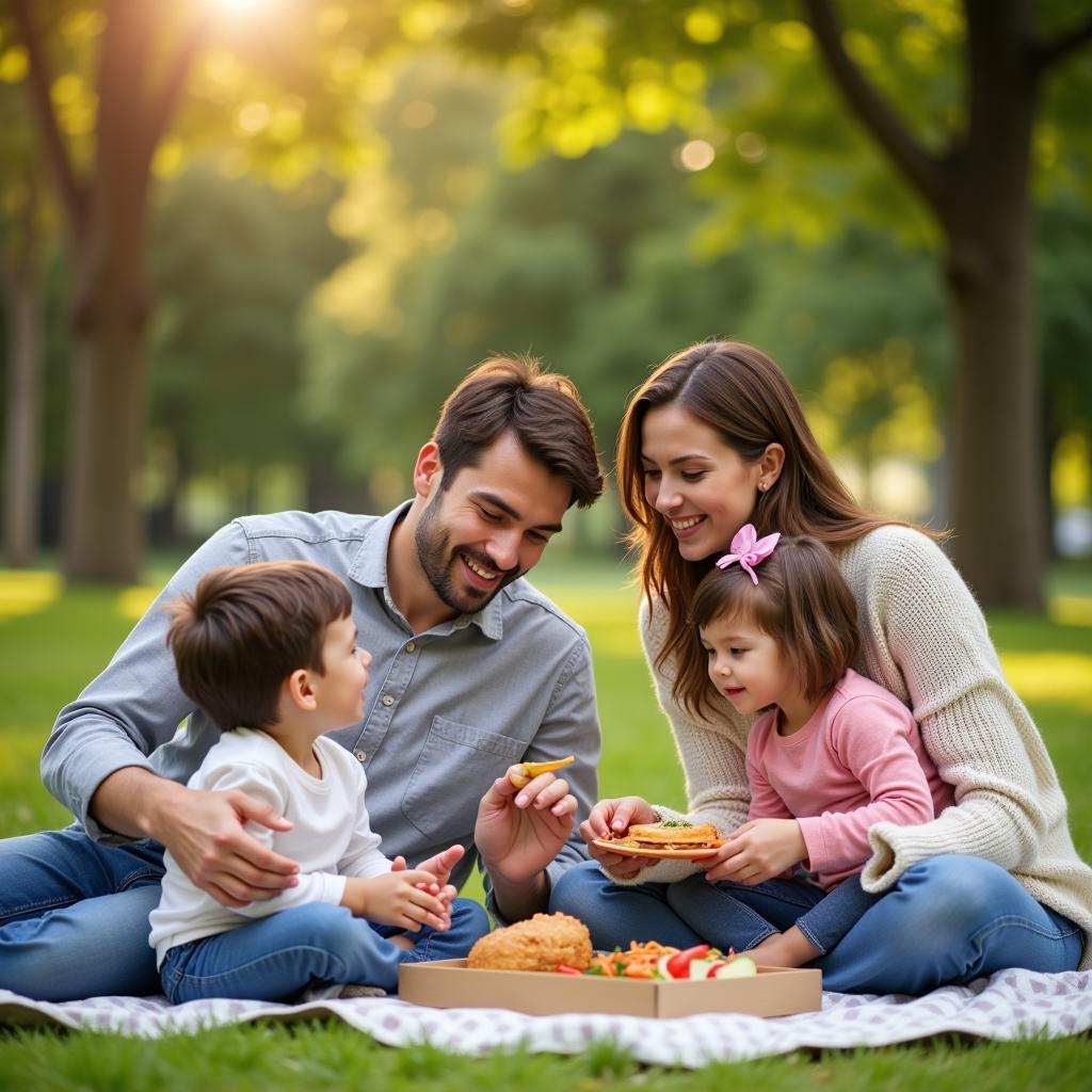 A family enjoying a warm picnic lunch heated with food heat packs.