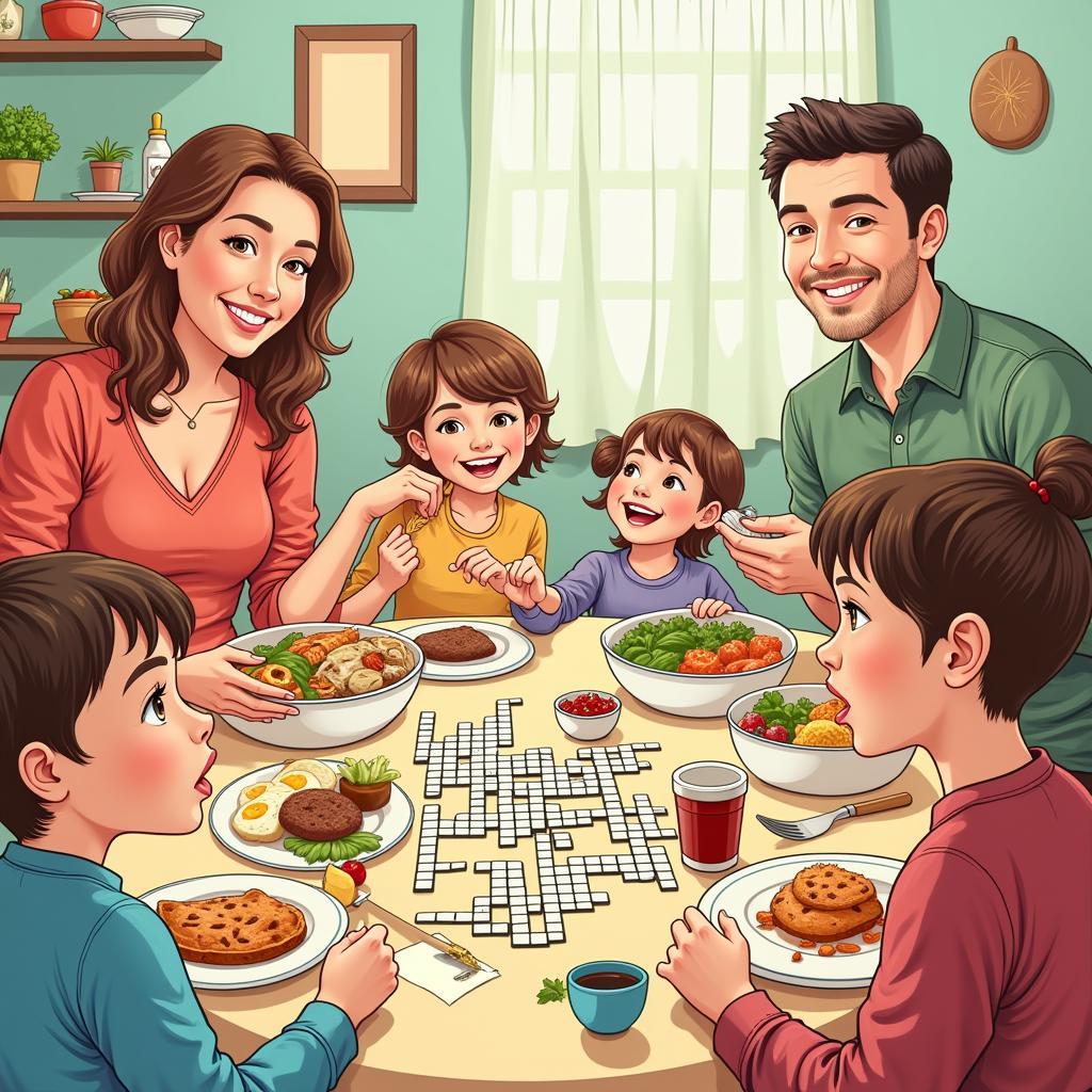 A family enjoying a meal together and solving a food-themed crossword puzzle.