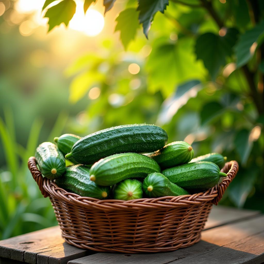 Freshly picked cucumbers ready for pickling on a farm.