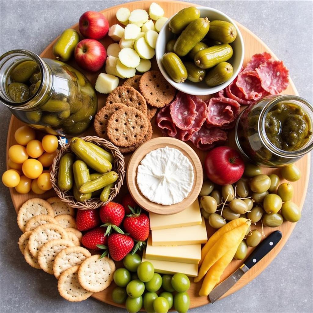 Farm-fresh pickles arranged on a charcuterie board with other accompaniments.