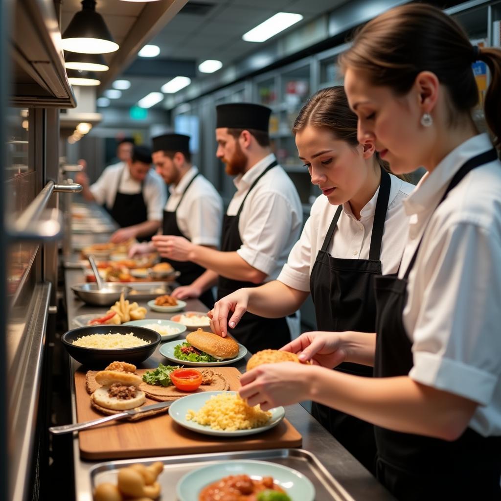 A team working together in a fast-food kitchen