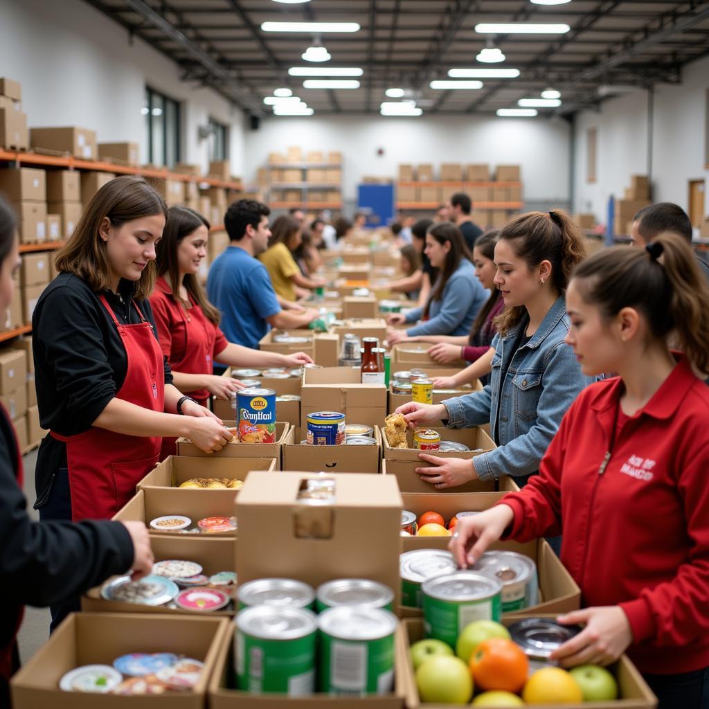 Volunteers at Feed My Sheep Food Pantry sorting and packing food donations