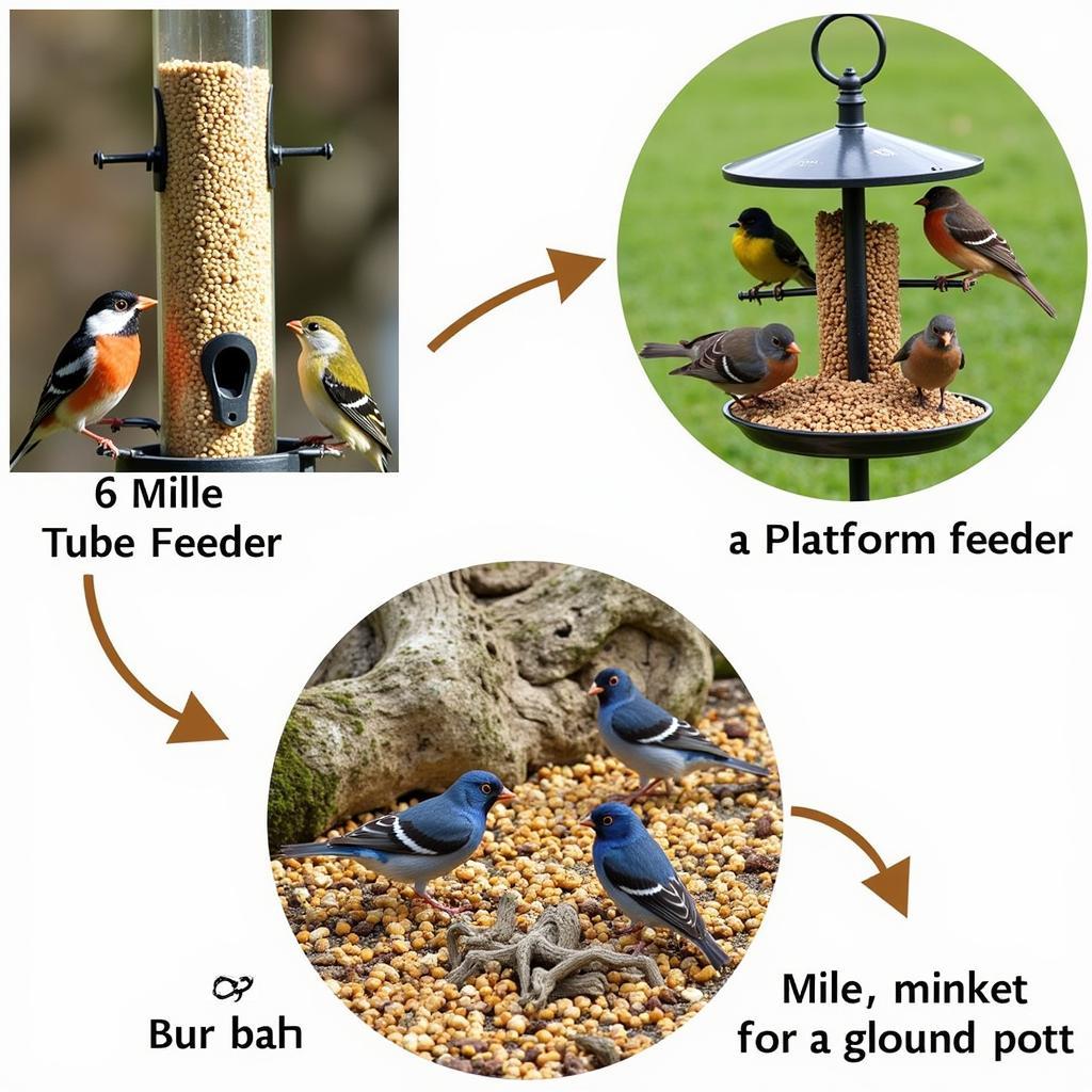 Feeding millet to birds in different ways: A collage showing various bird feeders filled with millet, including tube feeders, platform feeders, and scattered millet on the ground.