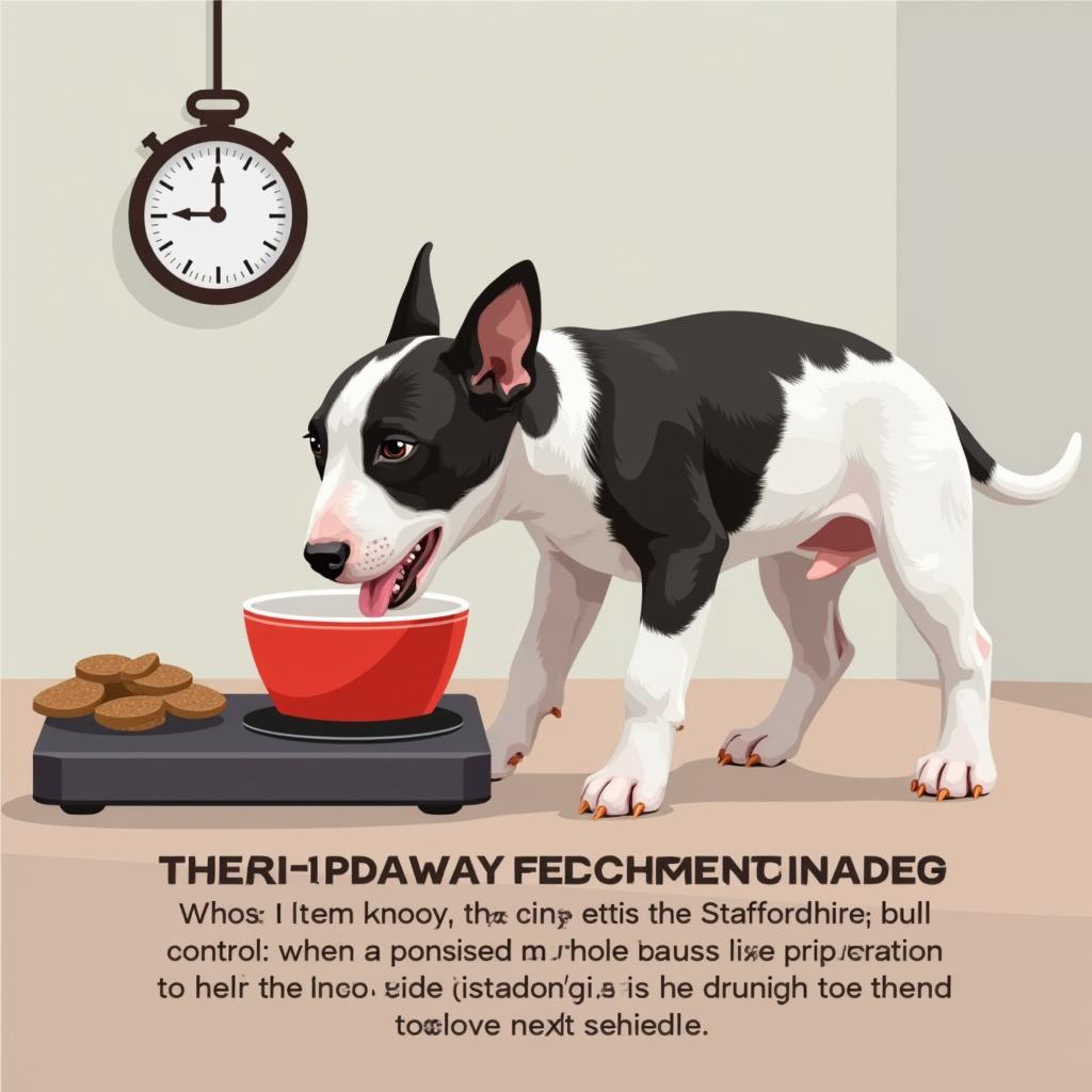 A Staffordshire Bull Terrier puppy eating on a schedule.