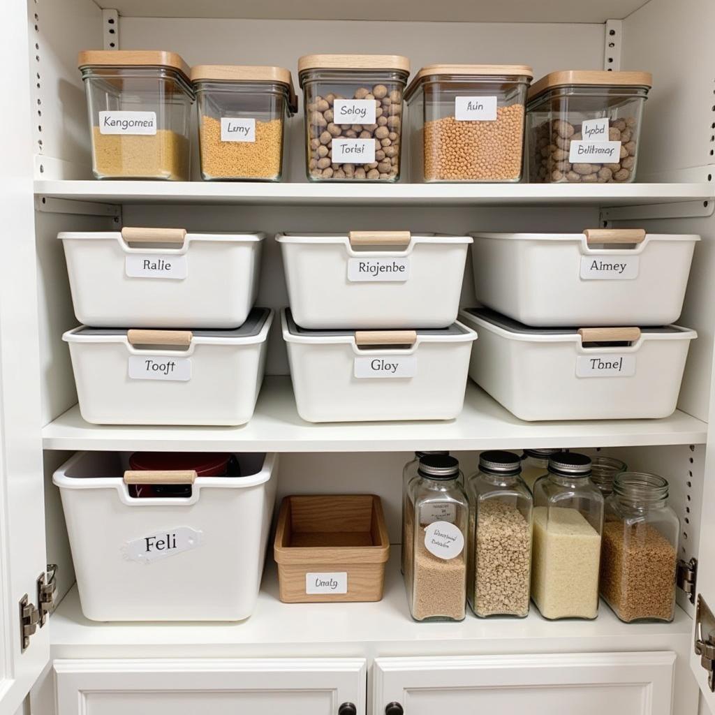 A pantry perfectly organized with various sizes of Felli food storage containers.