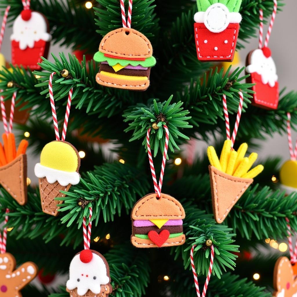 Felt food ornaments decorating a Christmas tree