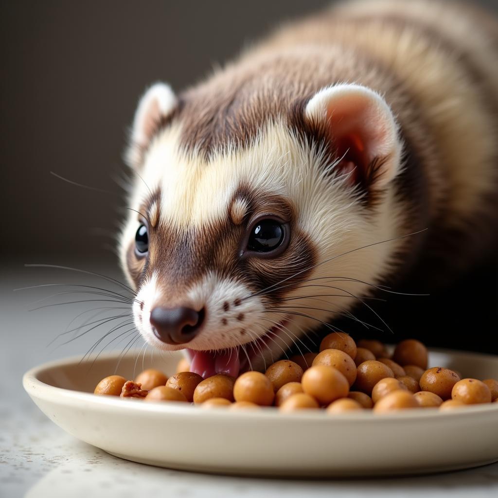 A ferret enjoying Vita Prima ferret food from a bowl.