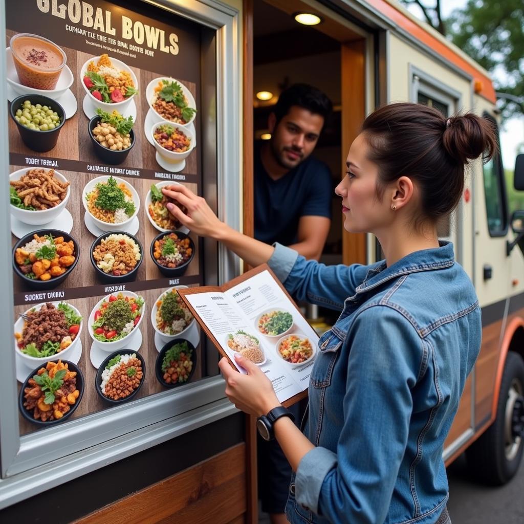 A person looking at a food truck menu with a thoughtful expression, considering different global bowl options.