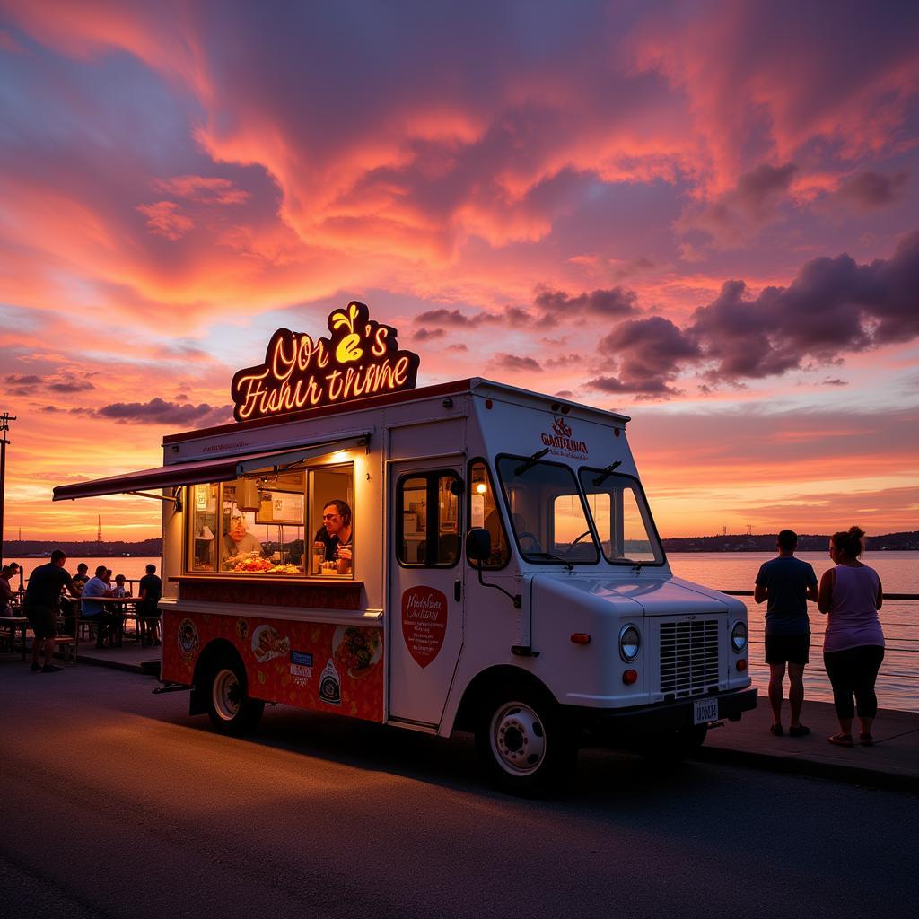 Fishin' Chicken food truck with a picturesque sunset view.