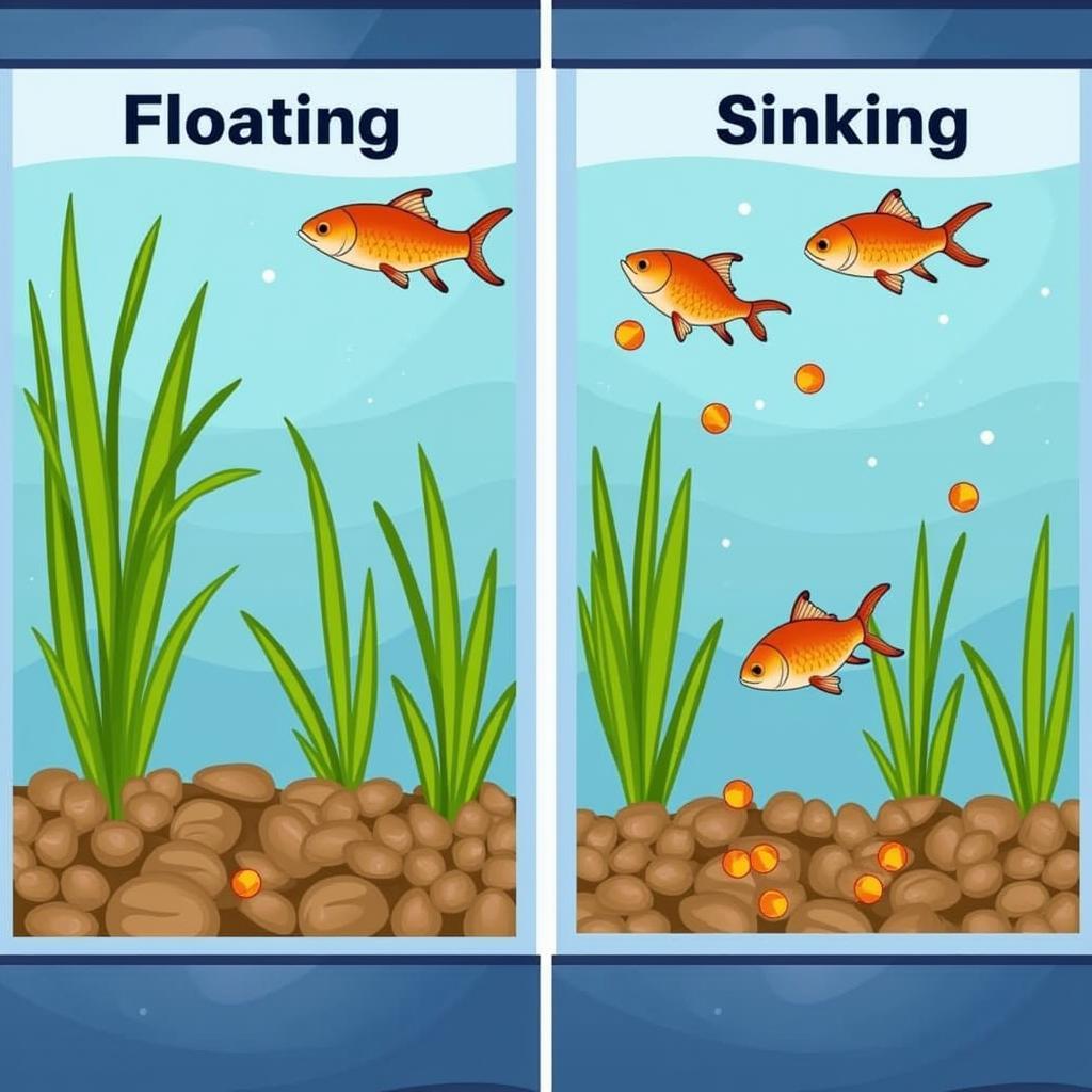 Comparison of floating and sinking catfish food in a tank.