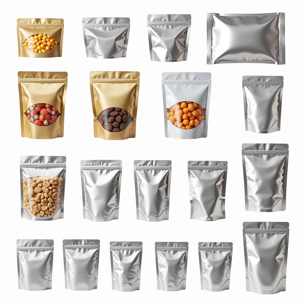 Various types of foil bags for food packaging, showcasing different sizes, shapes, and closure mechanisms.