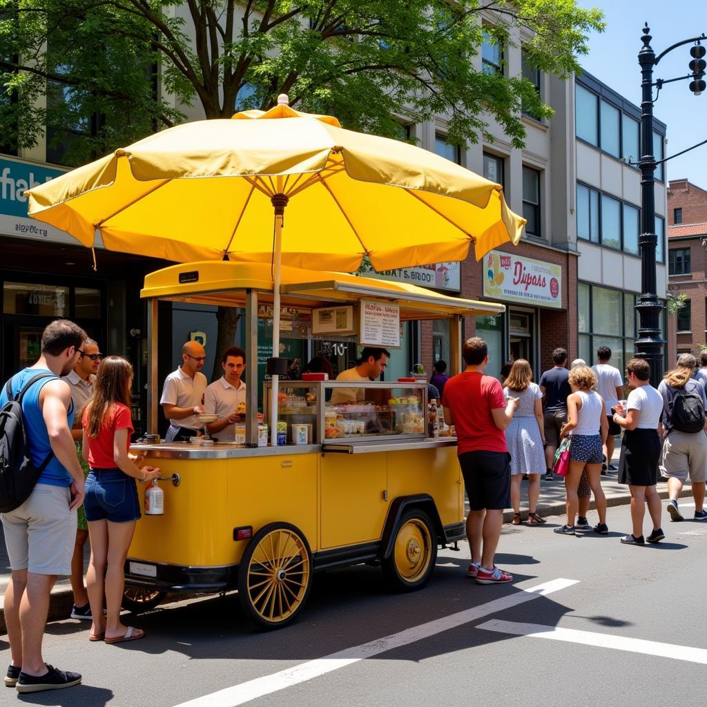 A vibrant food cart with a bright yellow umbrella on a sunny day, serving customers.