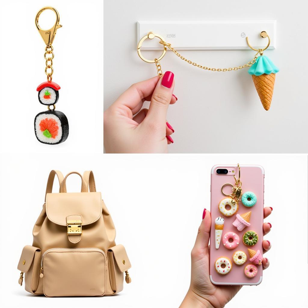 Food charms can adorn keychains and backpacks, featuring designs like sushi and ice cream.