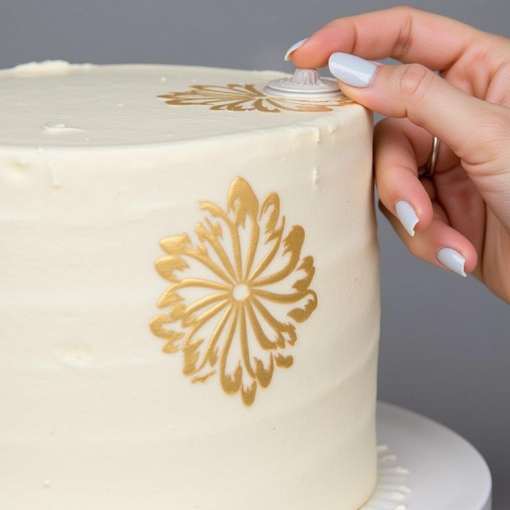 Using a stencil with food coloring spray paint to create a floral design on a cake.