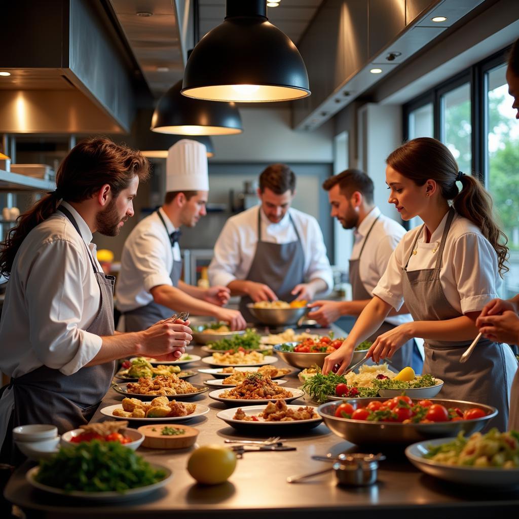 A diverse food crew working together in a bustling restaurant kitchen