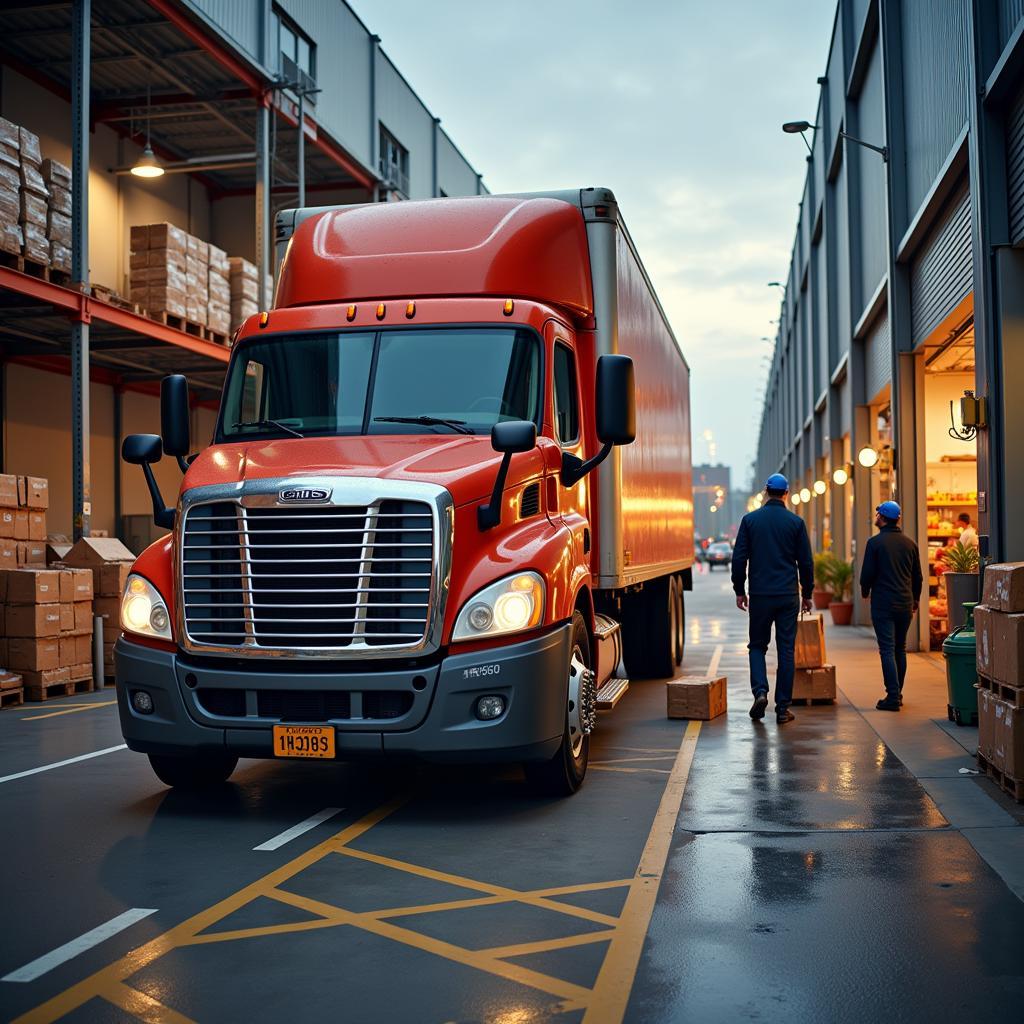 Food delivery truck at a warehouse loading dock.