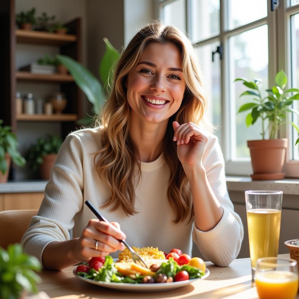 Woman enjoying a meal mindfully, embodying intuitive eating principles from the Food Freedom Forever book.