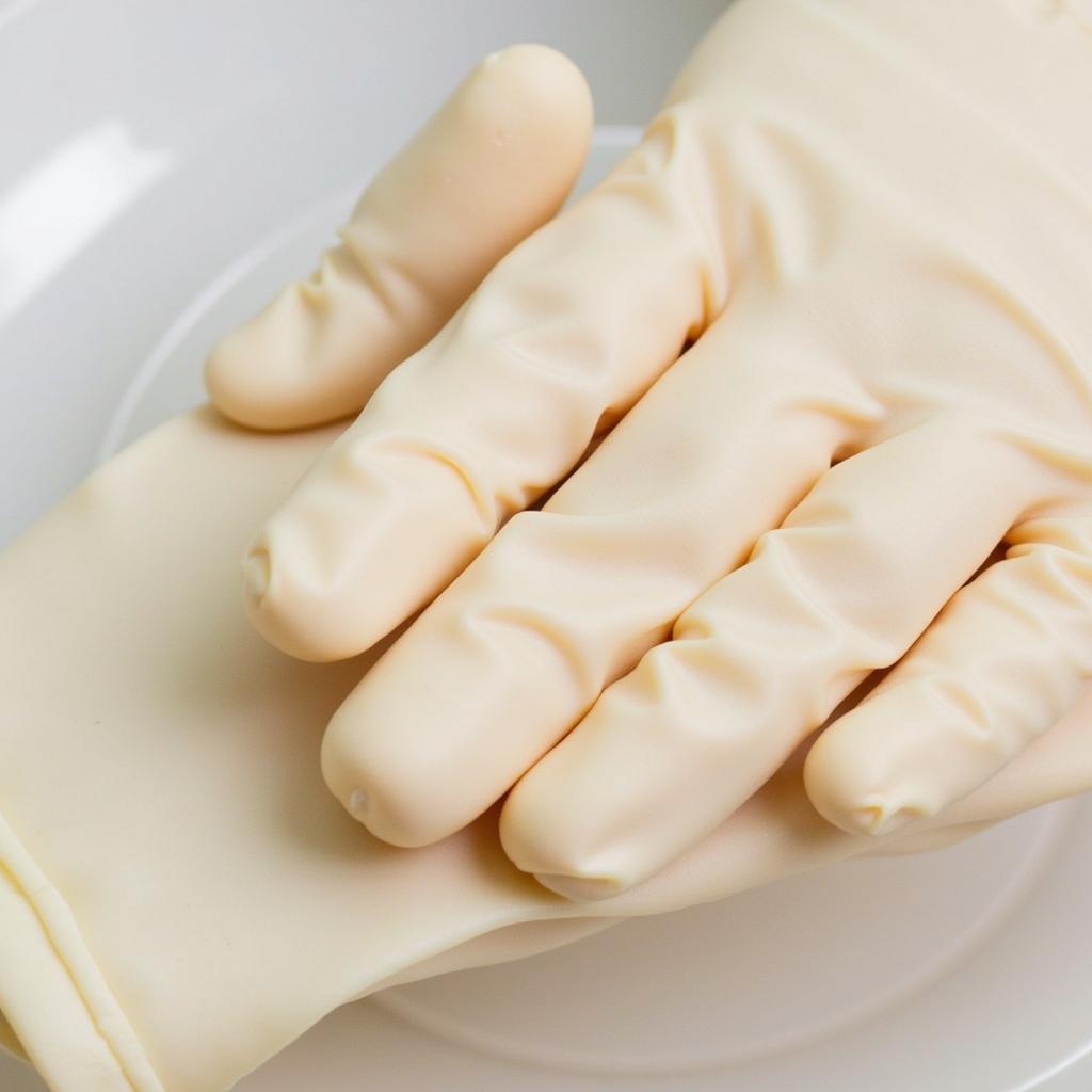 Close-up of food grade latex gloves showing texture and flexibility