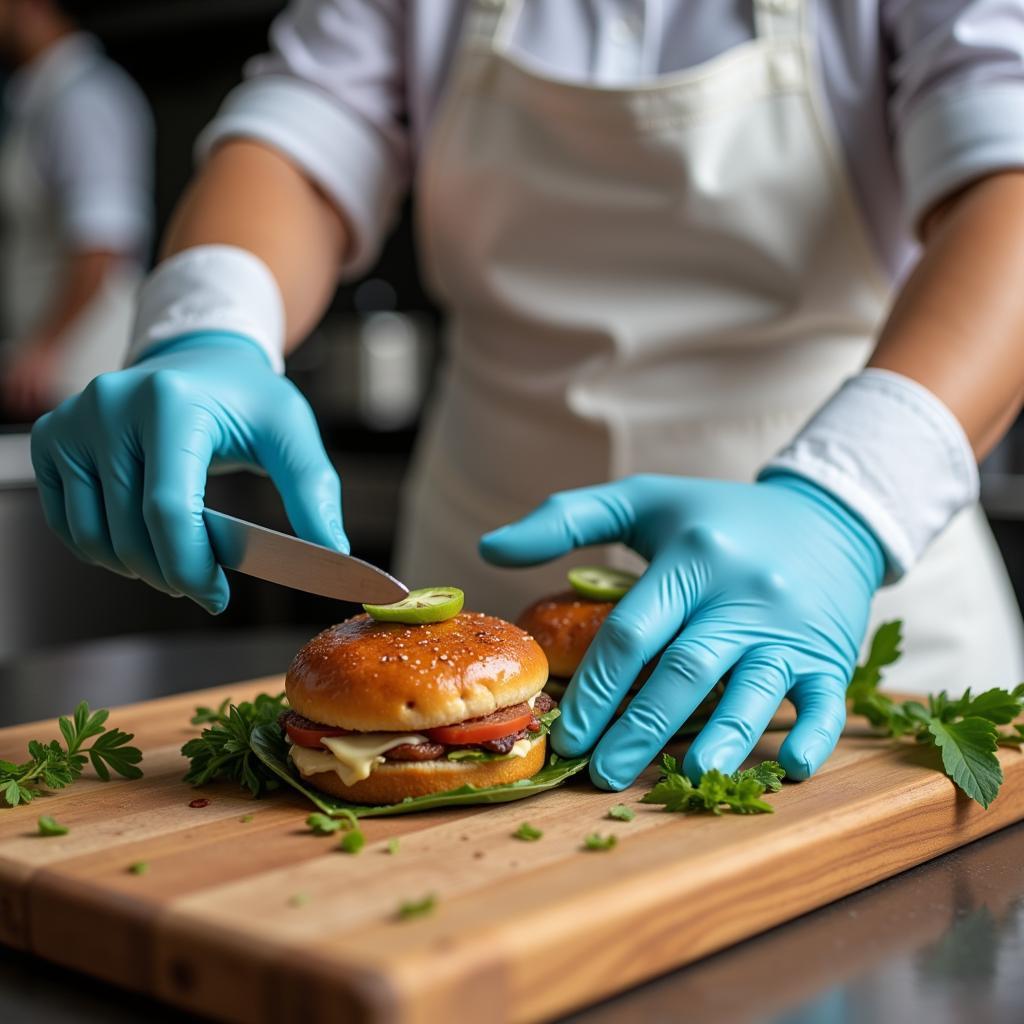 Food worker using food grade latex gloves while preparing a meal