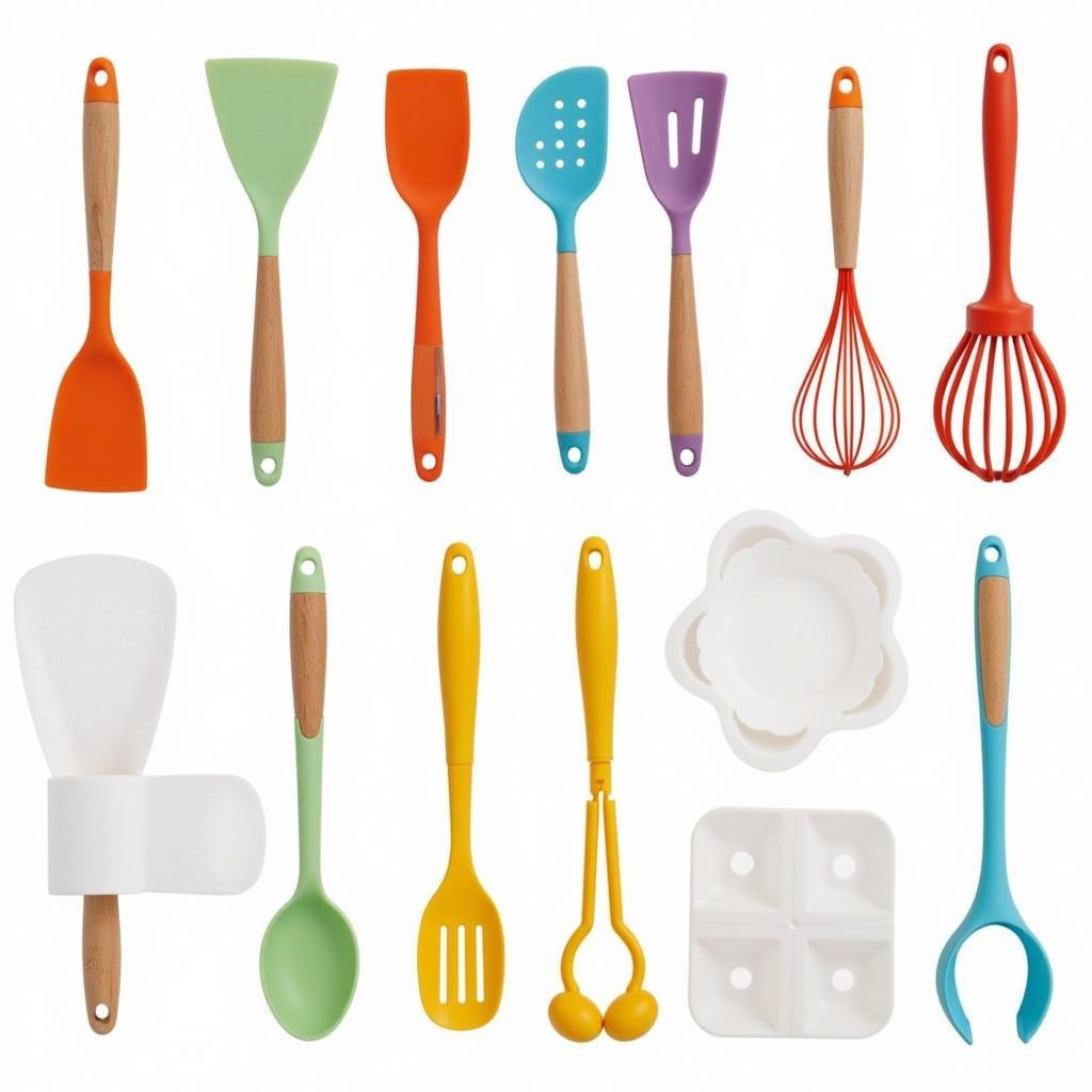 Food grade silicone kitchen utensils in various colors and shapes.