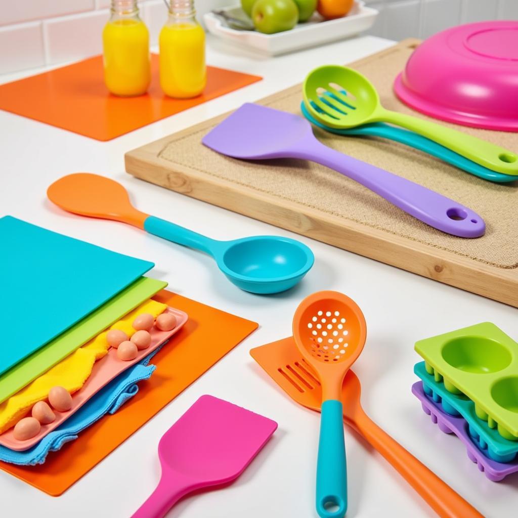 Food Grade Silicone Kitchenware: Various examples of food-grade silicone products in a kitchen setting, including baking mats, spatulas, molds, and containers.