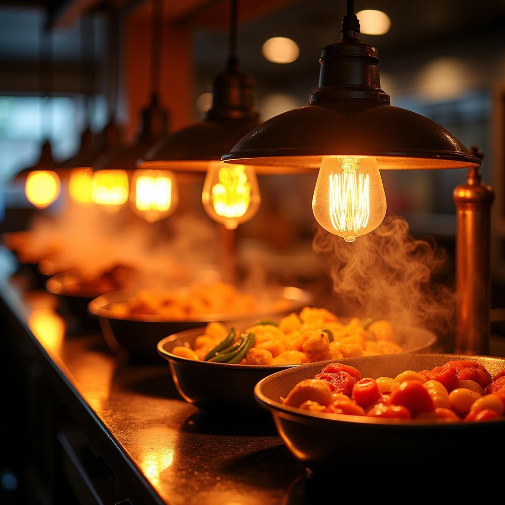 Food Heat Lamp Bulbs illuminating food in a restaurant kitchen