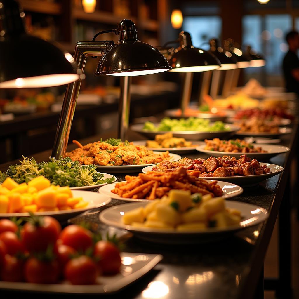 Food heat lamps keeping food warm at a buffet