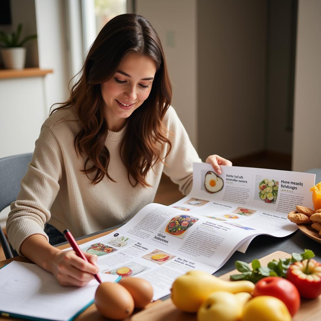 Food Mart Weekly Ad Savings Strategies: A Woman Planning Her Grocery List with the Weekly Ad