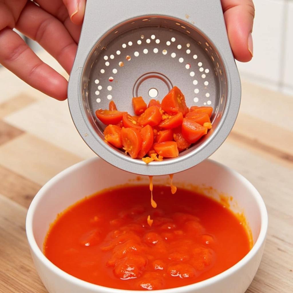 Food mill in action: Creating smooth tomato sauce