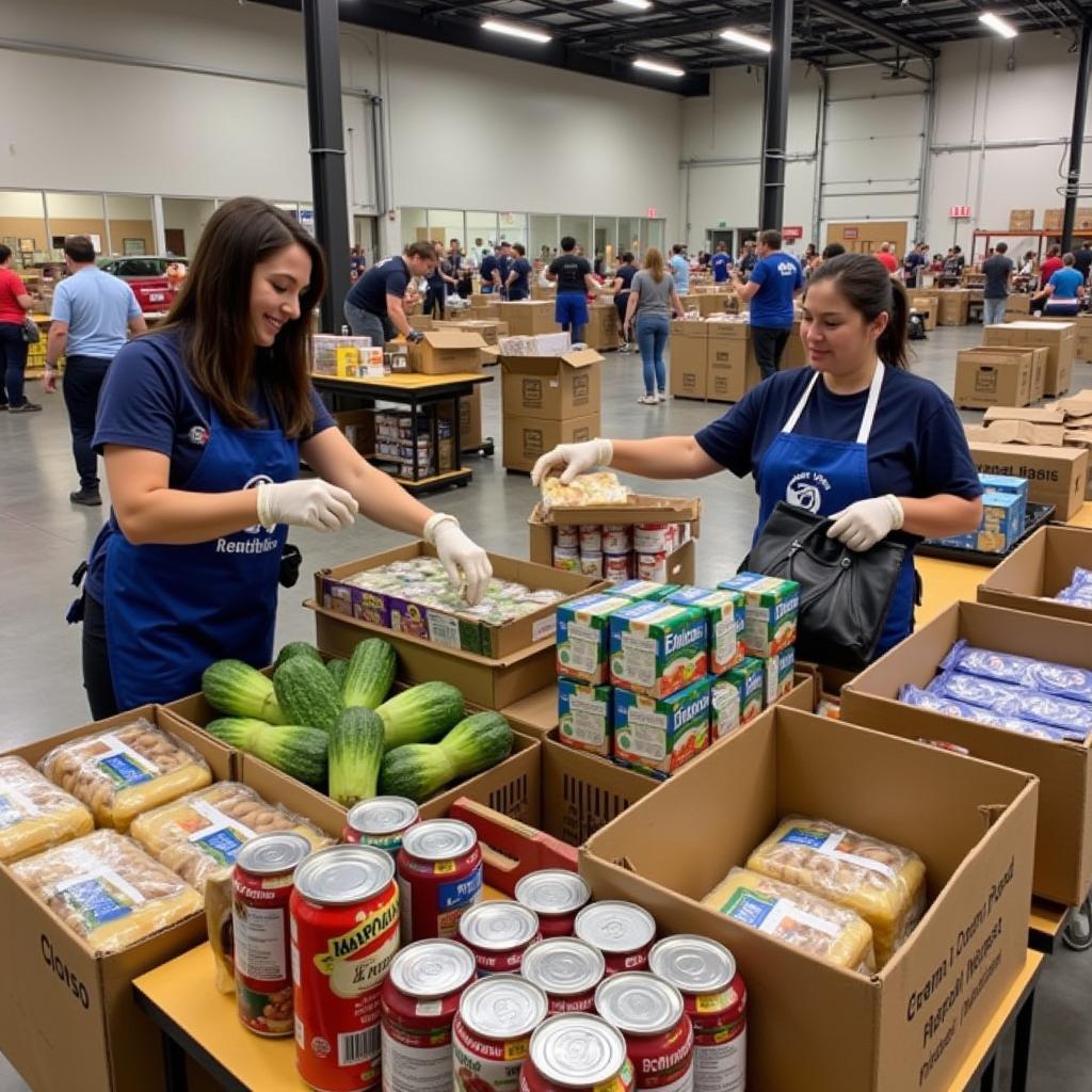 Volunteers sorting food donations at a food net distribution warehouse