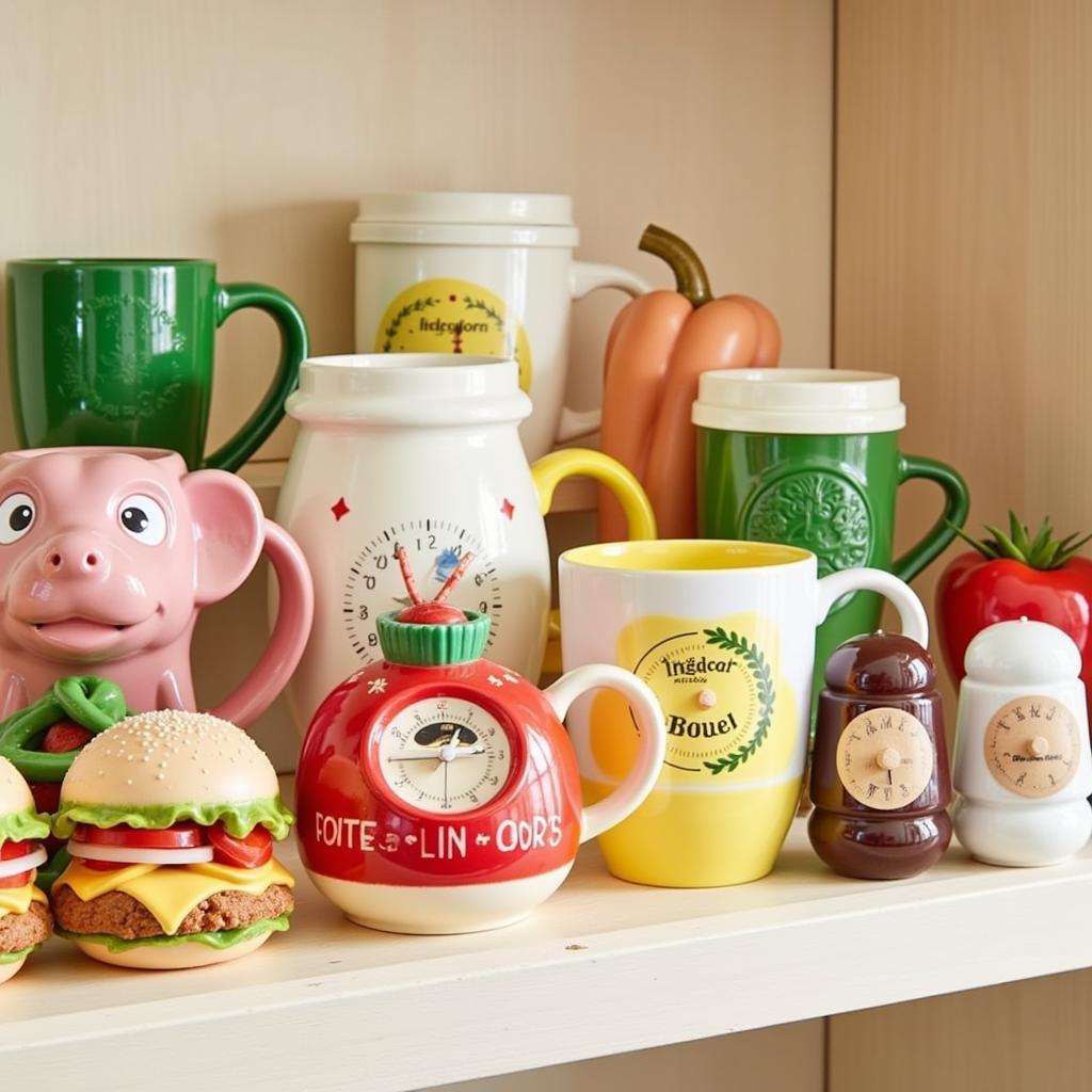 A curated collection of food novelty items displayed on a shelf.