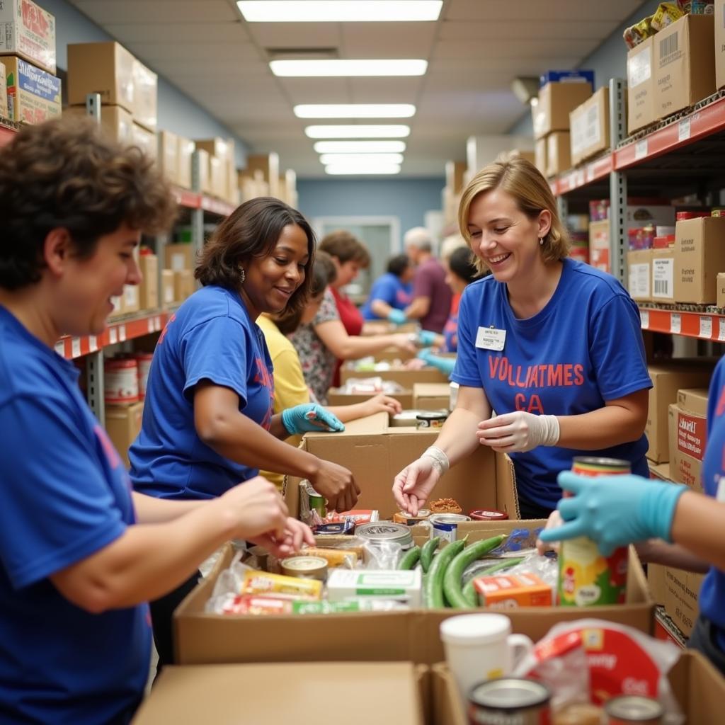 Volunteers sorting and distributing food at a food pantry