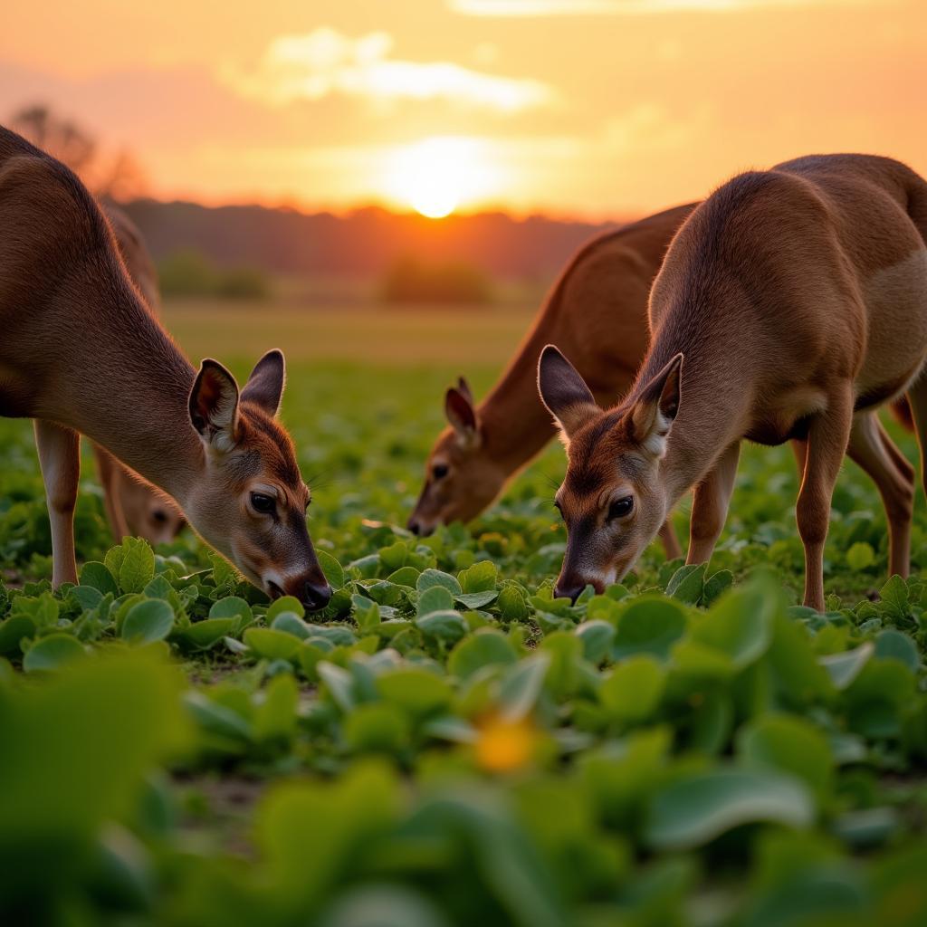 Deer feeding in a lush food plot of peas