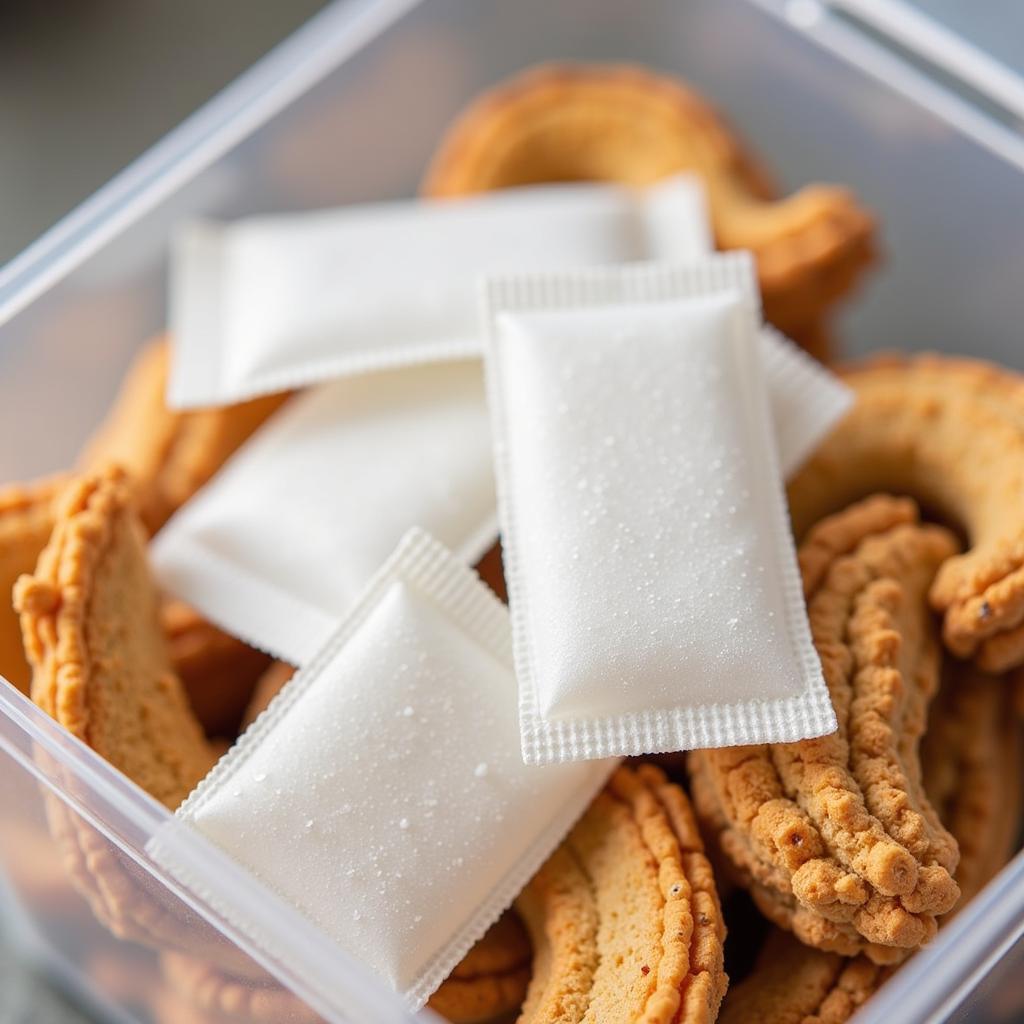 Food safe silica gel packets absorbing moisture in a food container