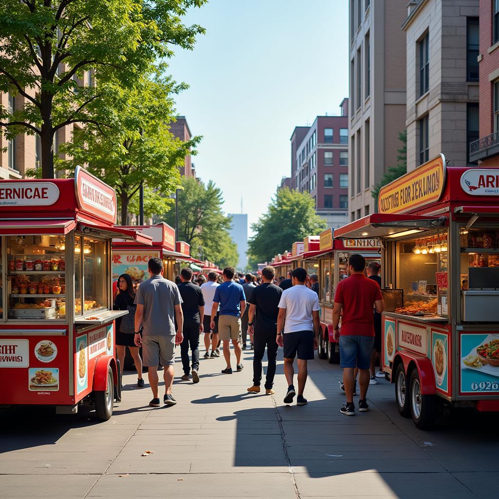 Food service carts in a busy urban setting, serving diverse cuisines to a diverse clientele.