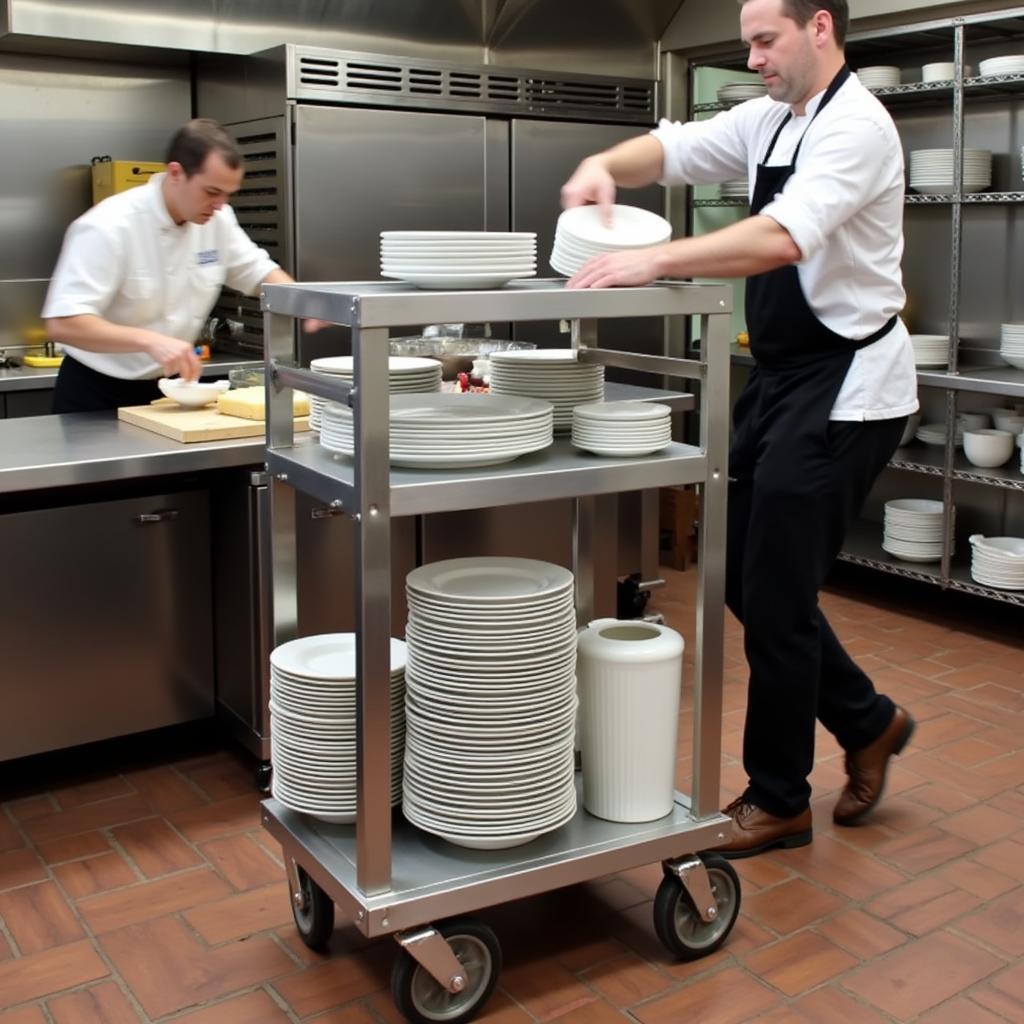 Food service dolly being used in a busy restaurant kitchen