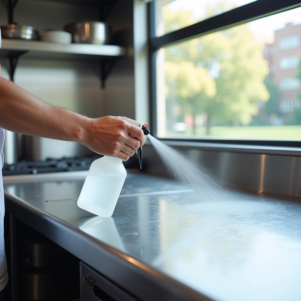 Spraying food surface sanitizer in a commercial kitchen