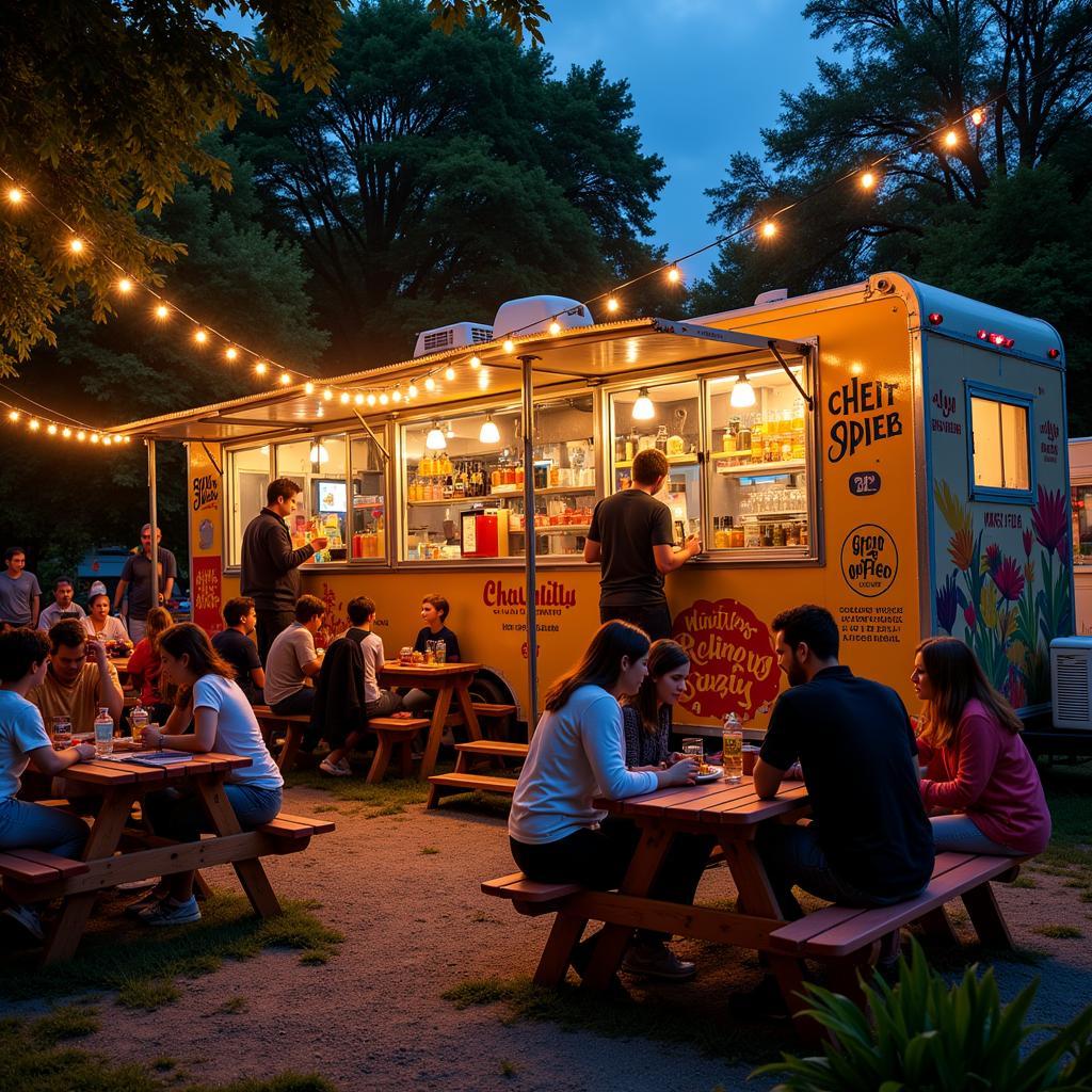 Customers enjoying meals on a food trailer porch