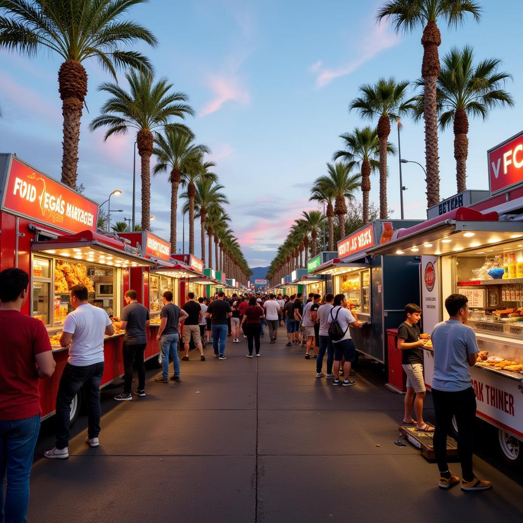 Food trailers lined up at a bustling Las Vegas market, showcasing diverse cuisines and attracting hungry customers.