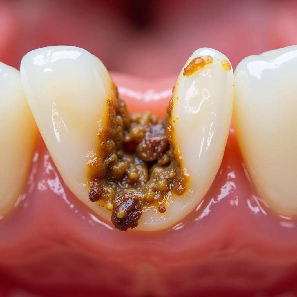 Food particles wedged tightly between teeth