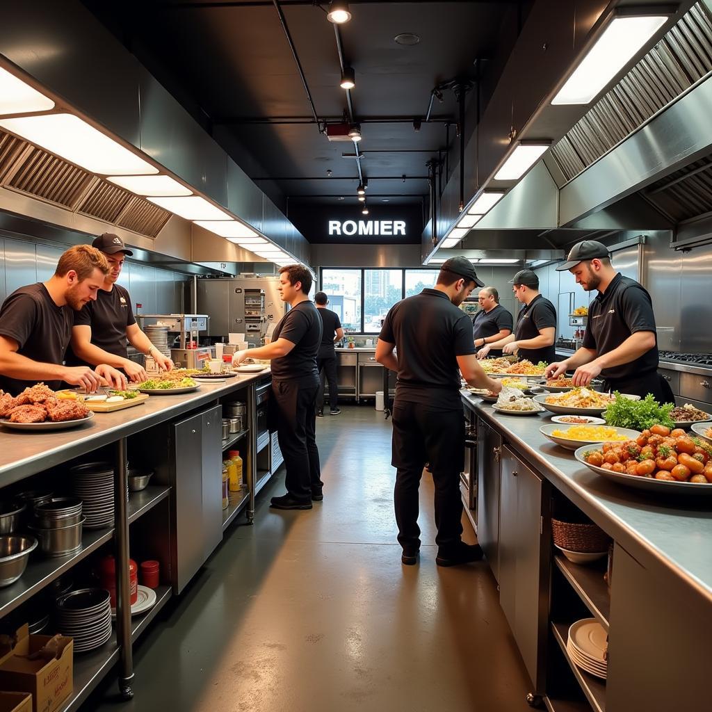 A busy commissary kitchen with multiple food truck vendors prepping ingredients.