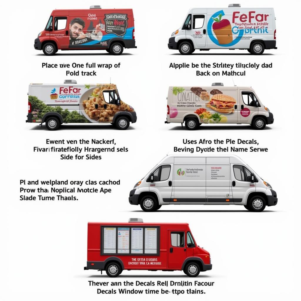 Different placement strategies for food truck decals, highlighting effective use of space on the truck's sides, back, and windows.