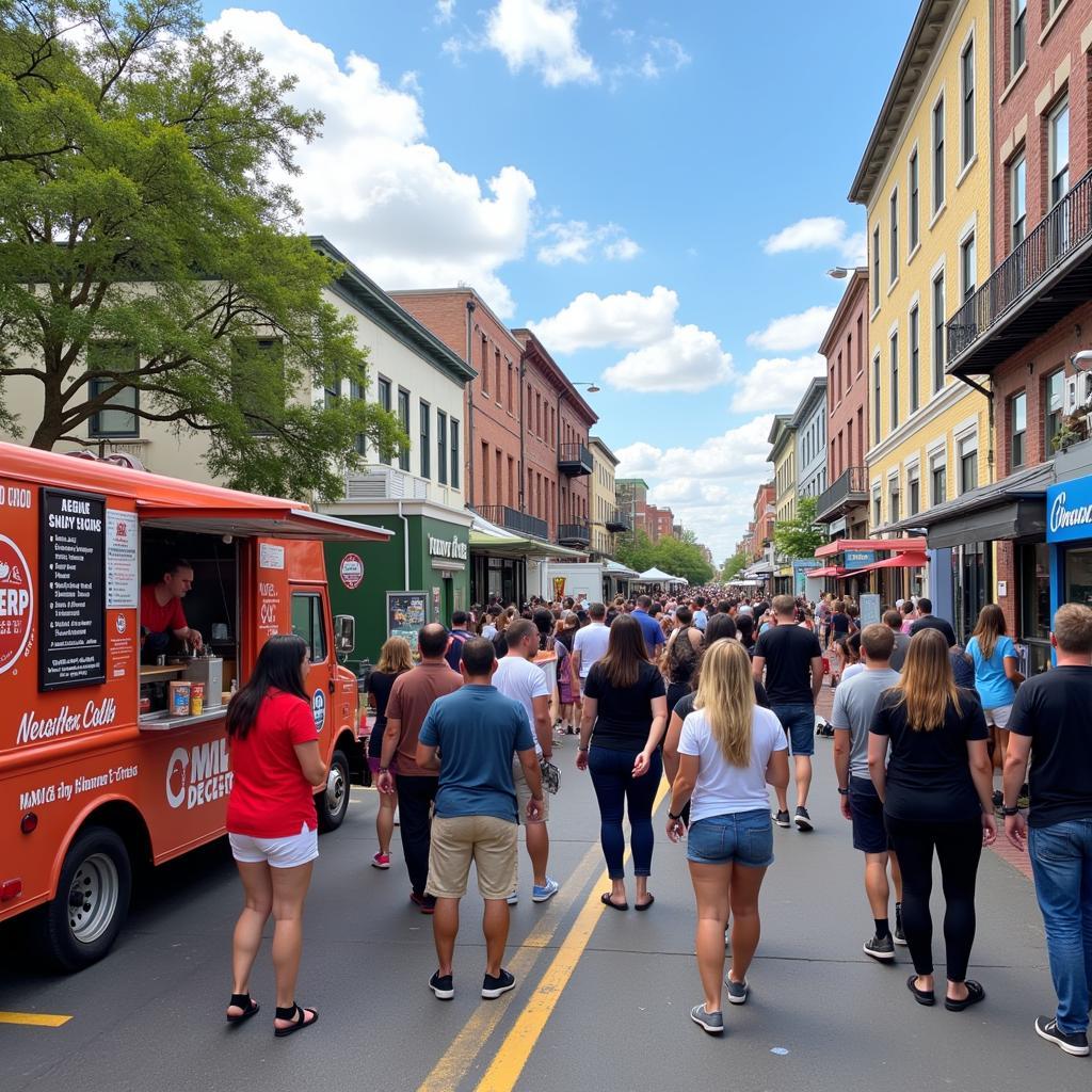 Diverse food trucks lined up in downtown Pensacola, offering a variety of cuisines.