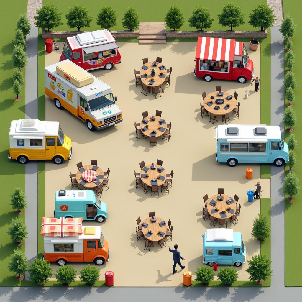 Food trucks parked strategically at an event with designated areas for dining and waste disposal