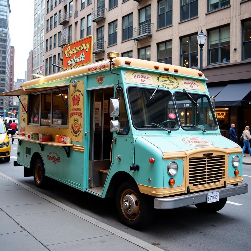 A brightly colored food truck parked on a city street.