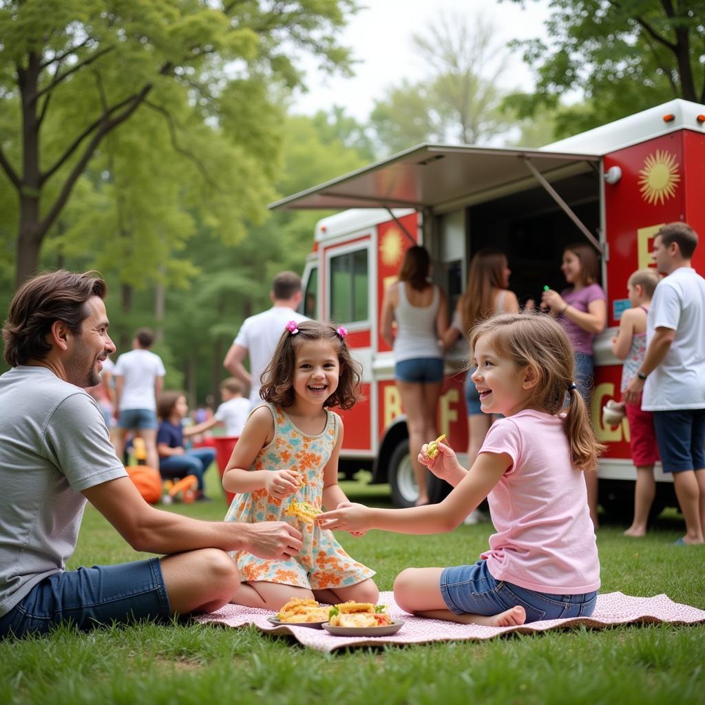 Families enjoying Food Truck Friday at Riverside Park